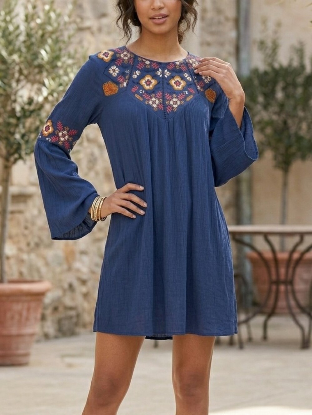 Mini Blue Embroidered Summer Dress Long Bell Sleeve Boho Size XS Blue Rain